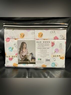 Rae Dunn Queen Sheet Set in White with Orange Pumpkin Print